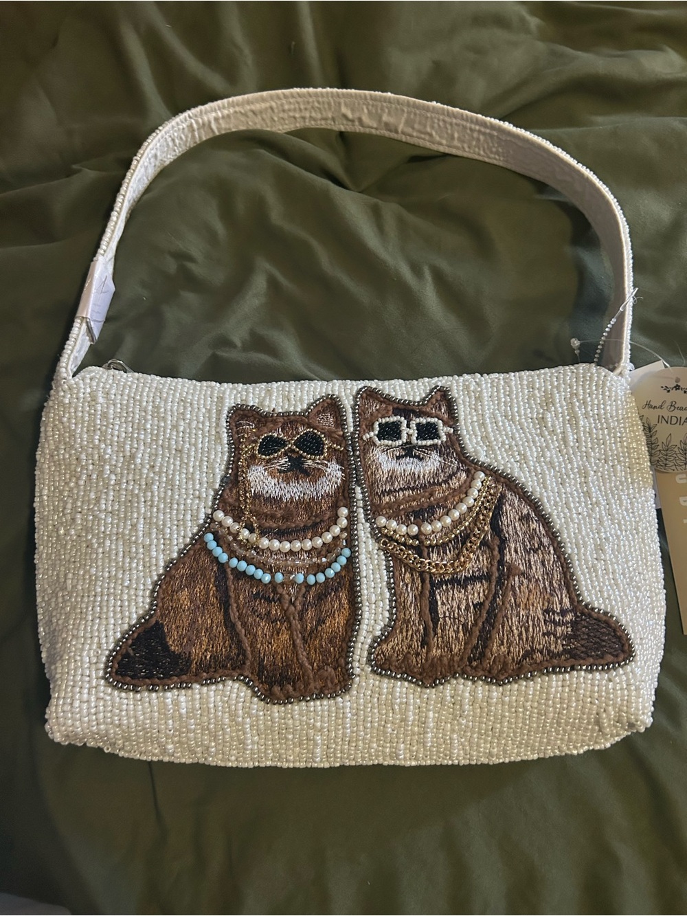 Beaded Cat Embroidered Shoulder Bag in White